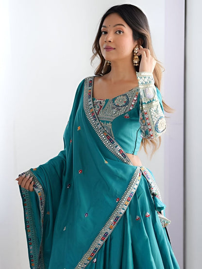 Odette Blue Silk Blend Embroidered Semi-Stitched lehenga For Women