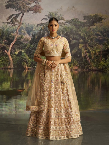 Odette Cream Net Embroidered Semi-Stitched Lehenga For Women