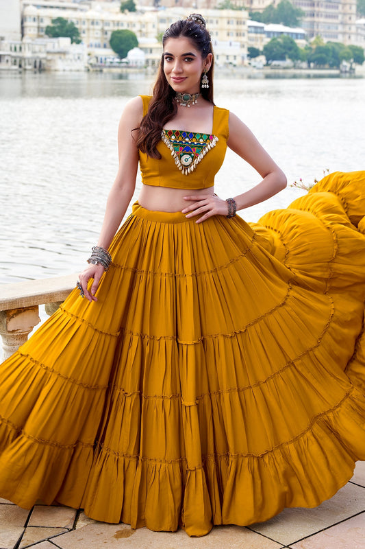 Yellow Rayon Plain Chaniya Choli with Kachchi Work Jacket