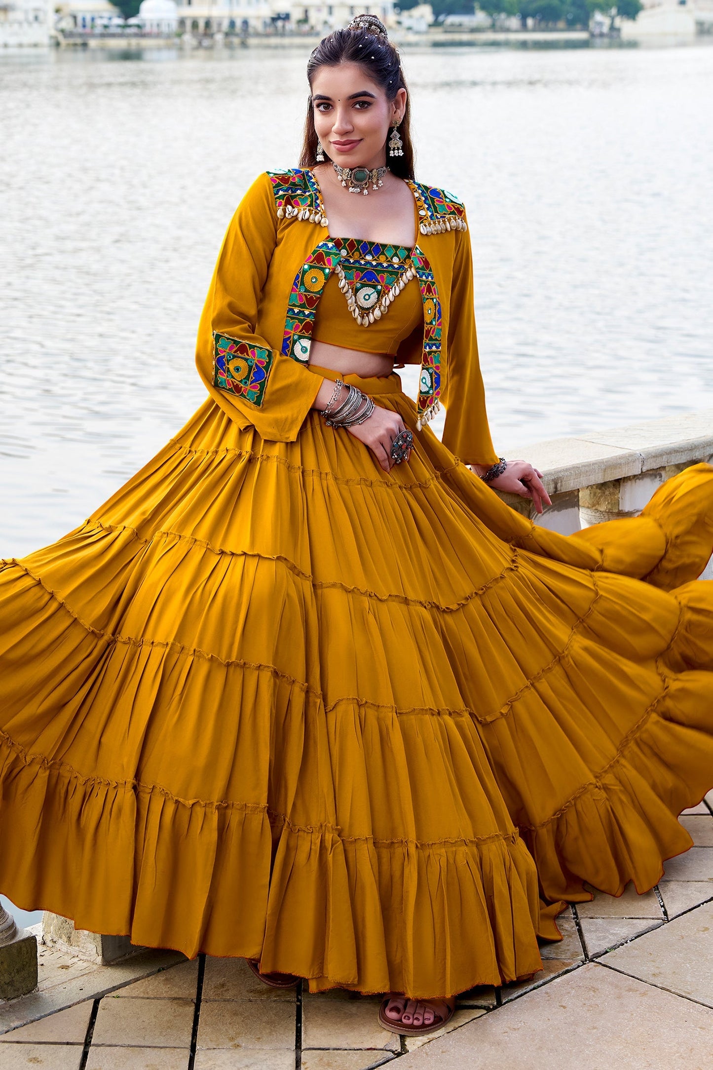 Yellow Rayon Plain Chaniya Choli with Kachchi Work Jacket