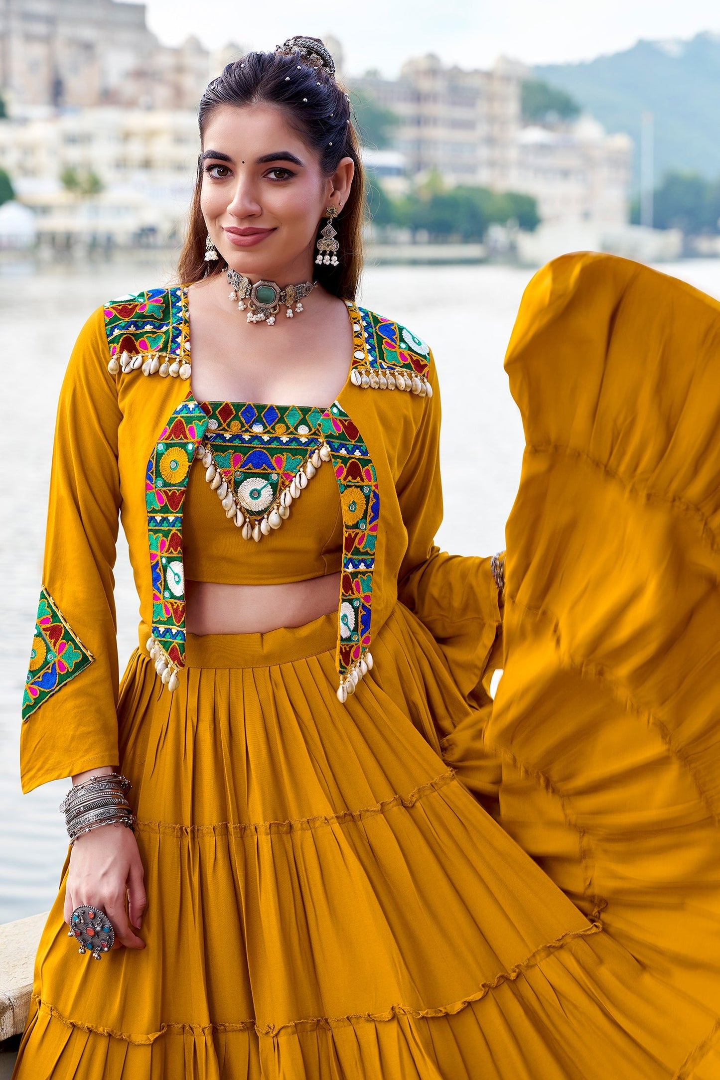 Yellow Rayon Plain Chaniya Choli with Kachchi Work Jacket
