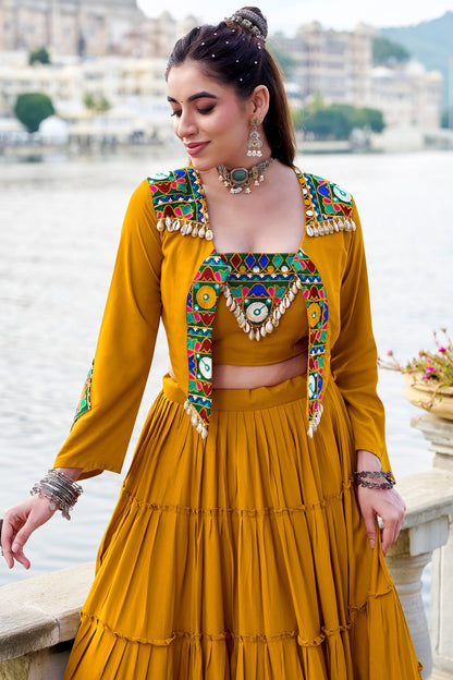 Yellow Rayon Plain Chaniya Choli with Kachchi Work Jacket