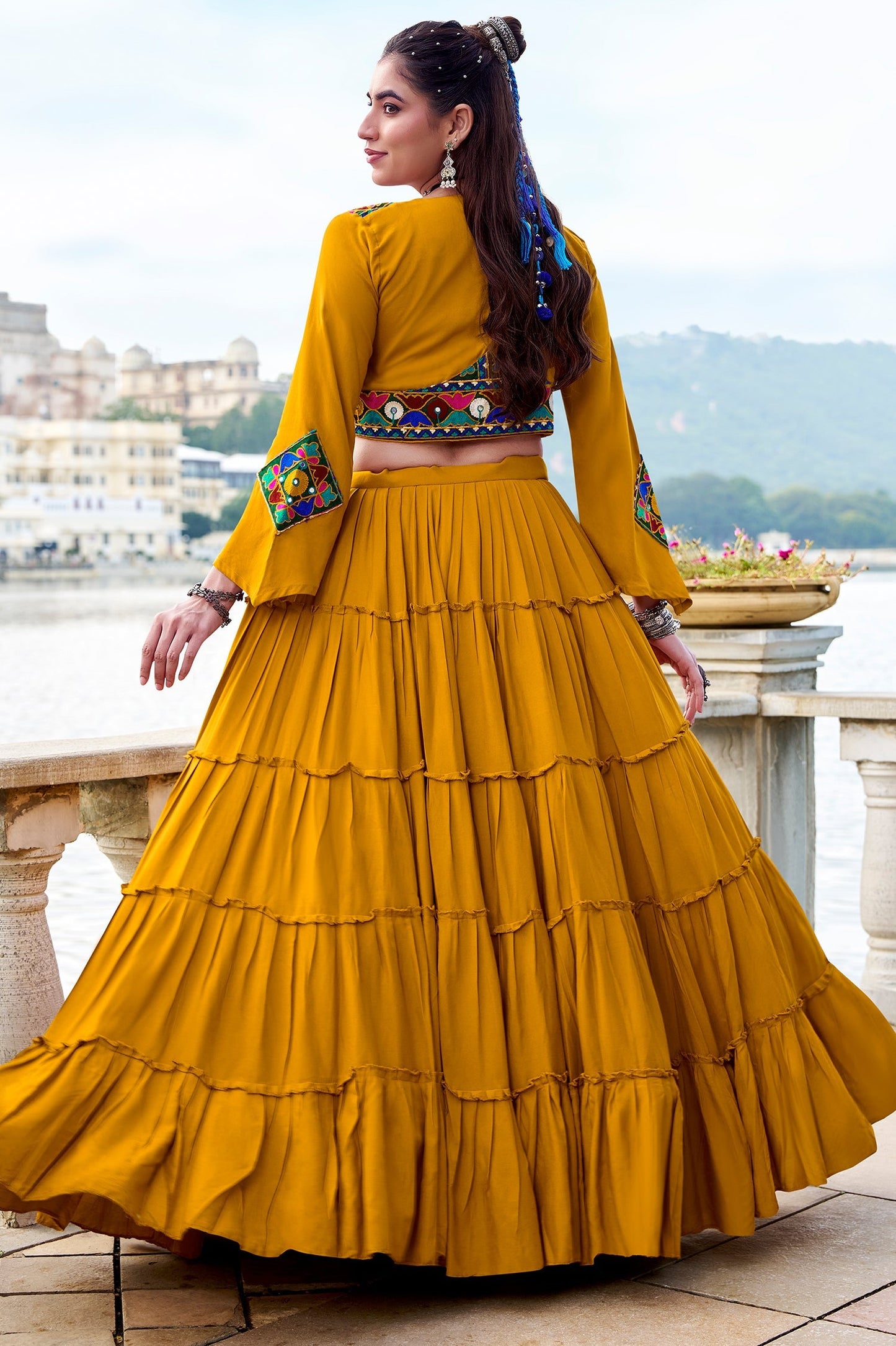 Yellow Rayon Plain Chaniya Choli with Kachchi Work Jacket