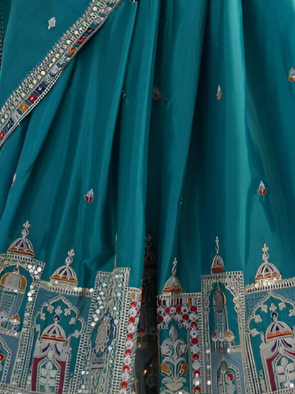 Odette Blue Silk Blend Embroidered Semi-Stitched lehenga For Women