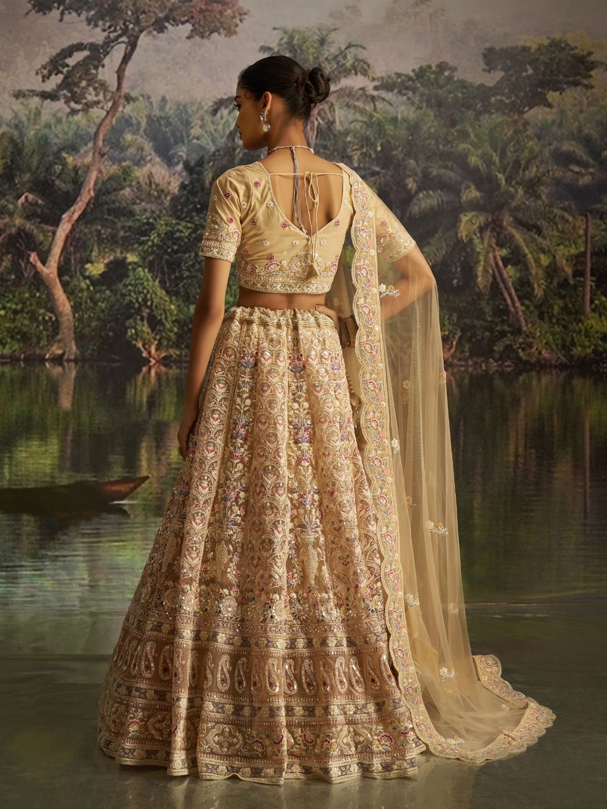 Odette Cream Net Embroidered Semi-Stitched Lehenga For Women