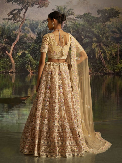Odette Cream Net Embroidered Semi-Stitched Lehenga For Women