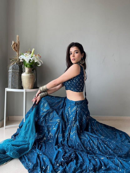 Odette Teal Blue Georgette Embellished Semi-Stitched Lehenga For Women