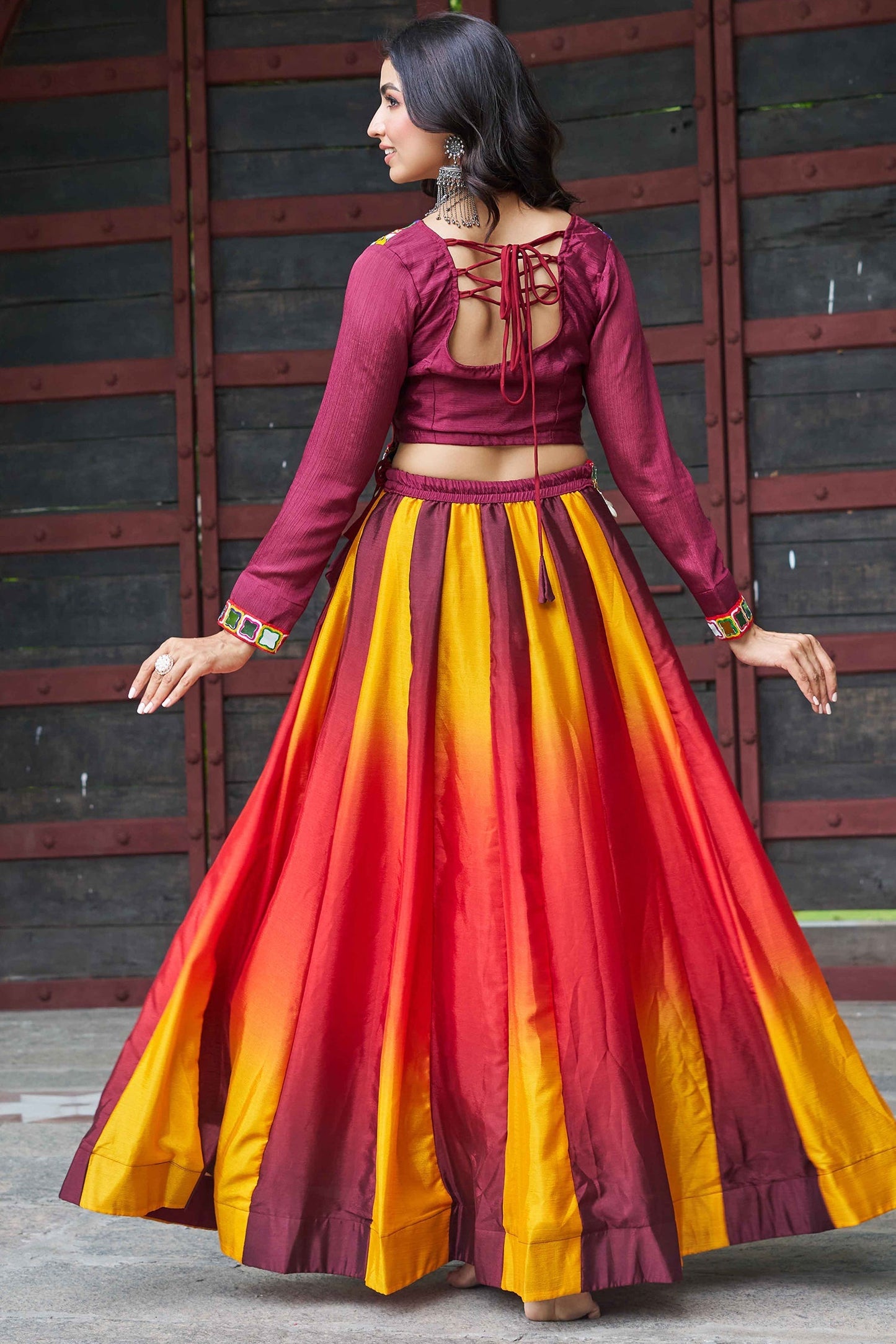 Maroon Chinon Printed Lehenga with Kachchi Worked Choli