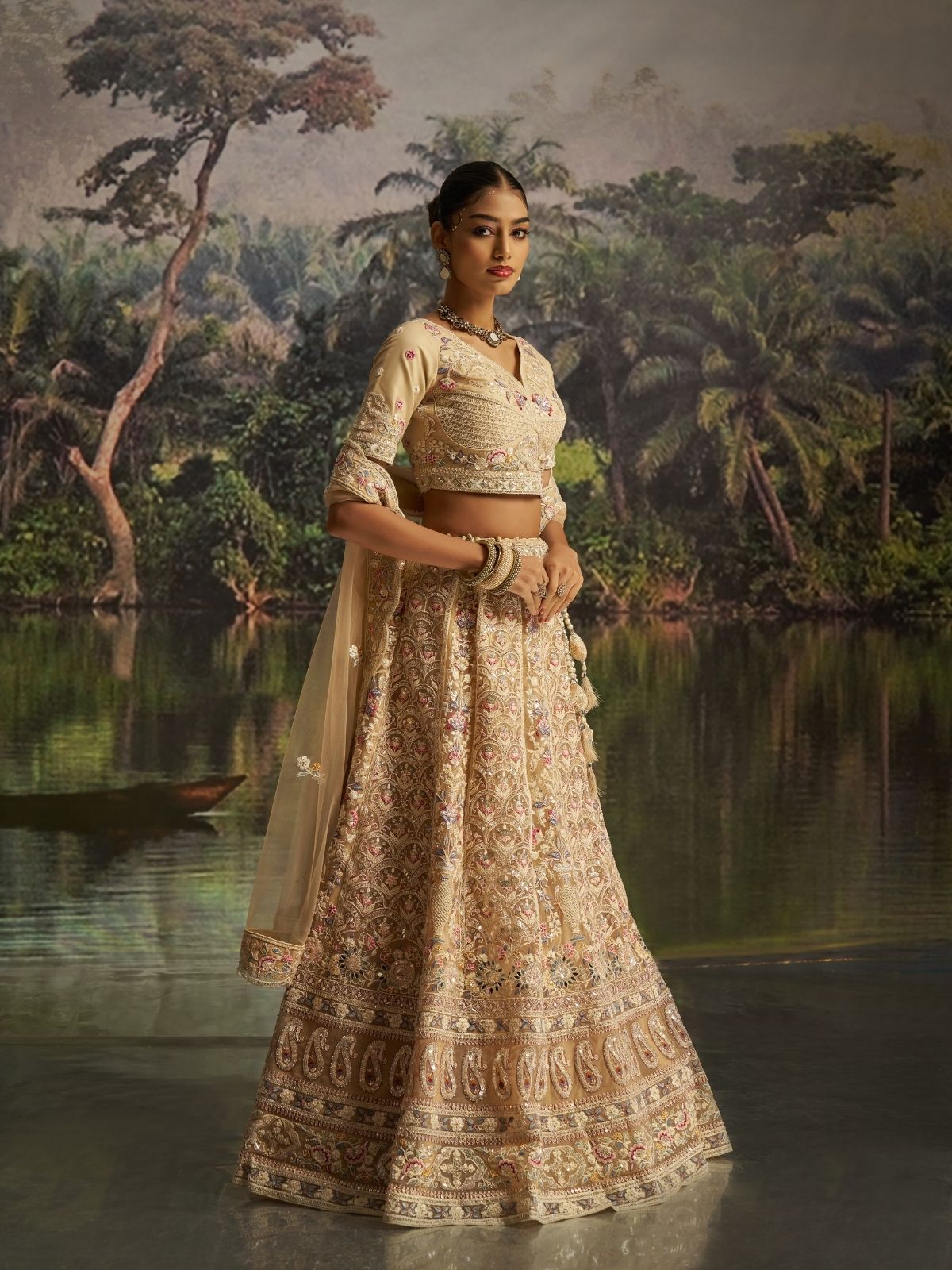 Odette Cream Net Embroidered Semi-Stitched Lehenga For Women