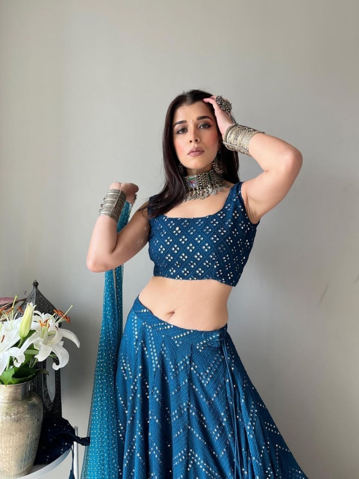 Odette Teal Blue Georgette Embellished Semi-Stitched Lehenga For Women