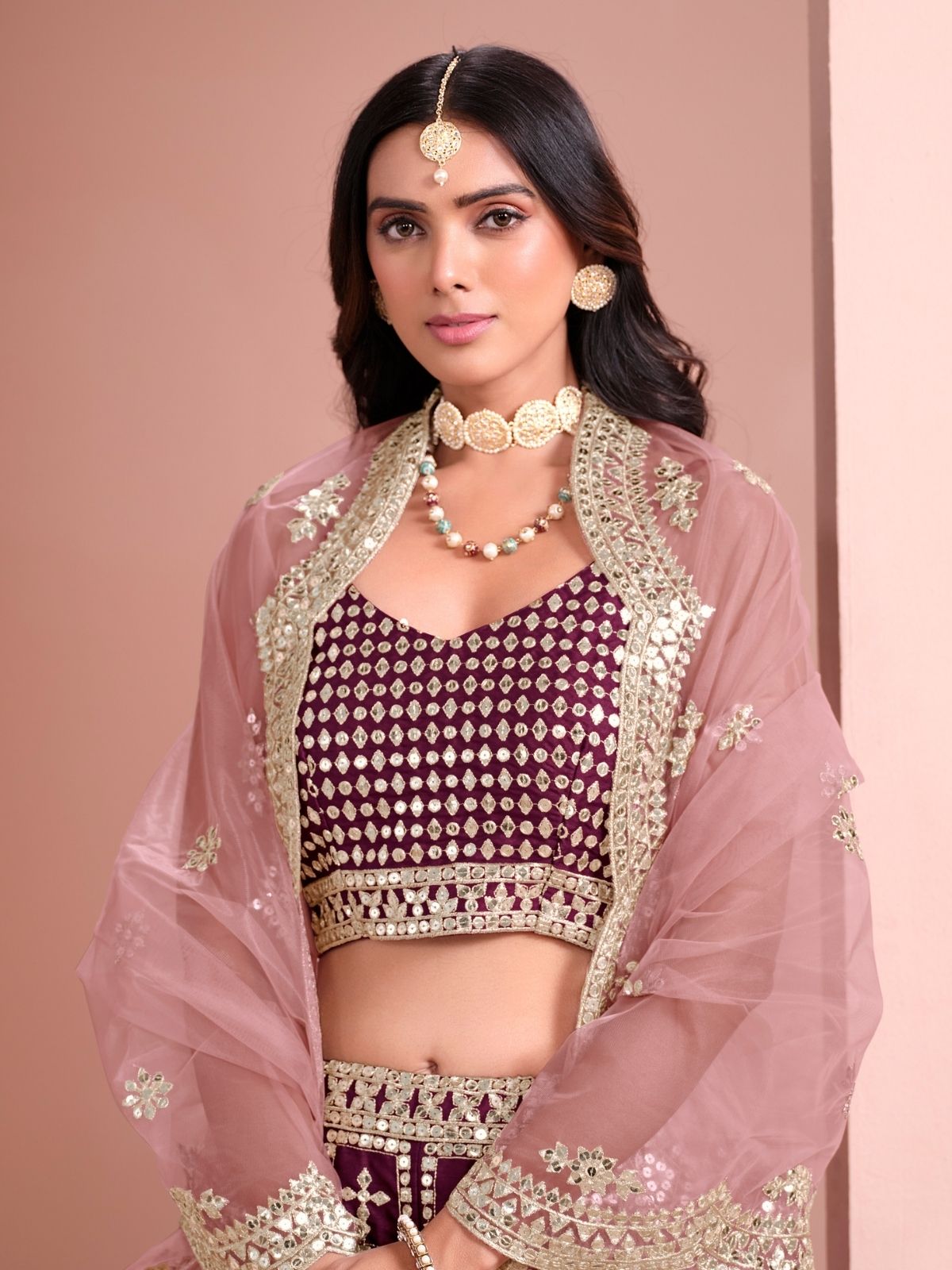 Odette Wine Art Silk Embellished Semi-Stitched lehenga For Women