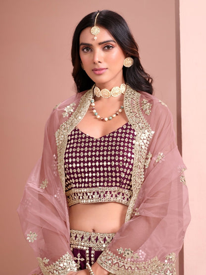 Odette Wine Art Silk Embellished Semi-Stitched lehenga For Women