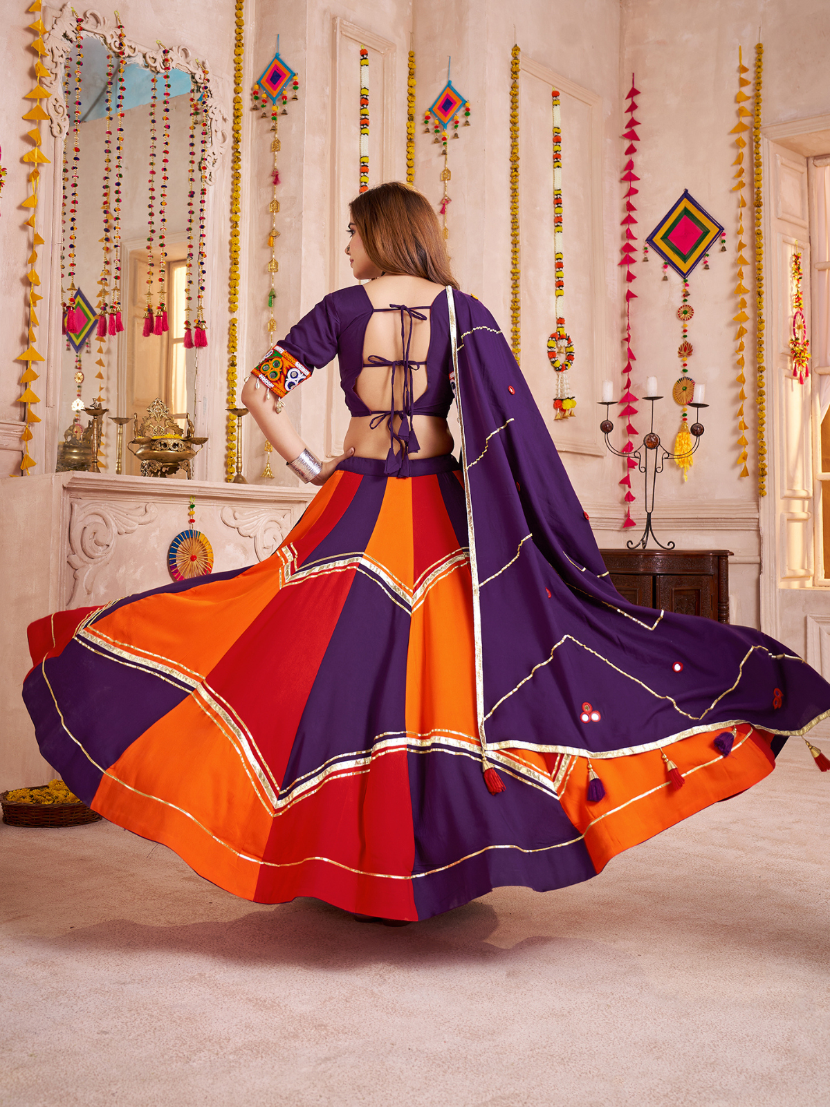 Odette Multicolor Viscose Cotton Embroidered Semi-Stitched Lehenga Choli For Women