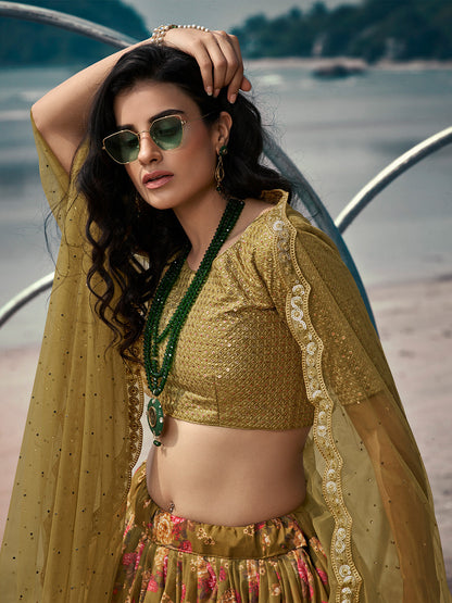 Odette Olive Printed Organza Semi Stitched Lehenga With Blouse For Women