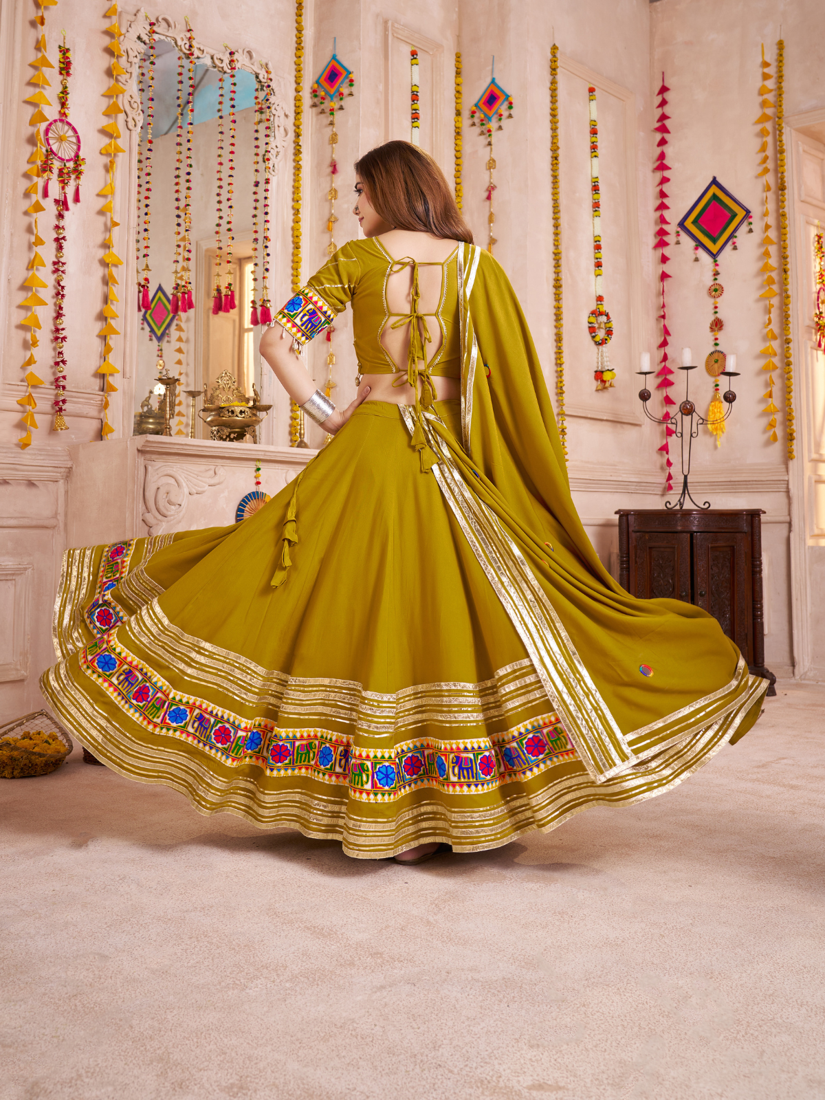Odette Green Viscose Cotton Embroidered Semi-Stitched Lehenga Choli For Women