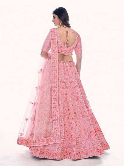 Odette Pink Embroidered Soft Net Semi Stitched Lehenga With Blouse For Women
