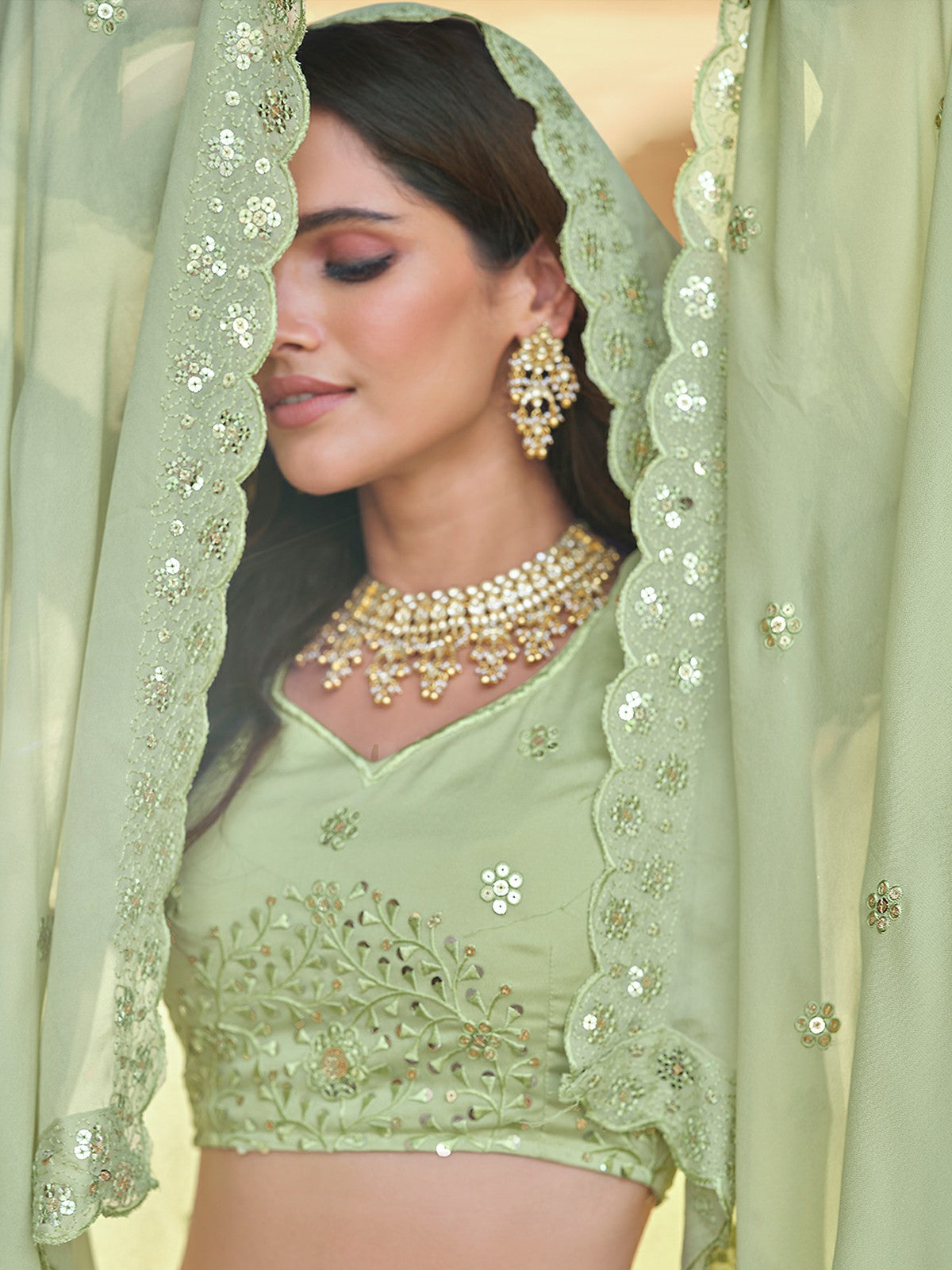 Odette Olive Embellished Georgette Semi Stitched Lehenga With Blouse For Women