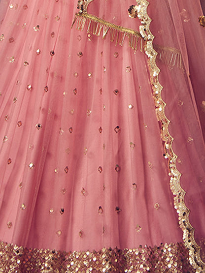 Odette Pink Embellished Soft Net Semi Stitched Lehenga With Blouse For Women