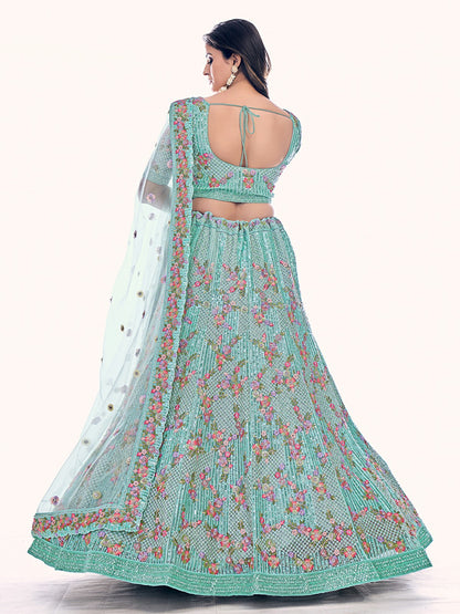 Odette Sea Green Embroidered Soft Net Semi Stitched Lehenga With Blouse For Women