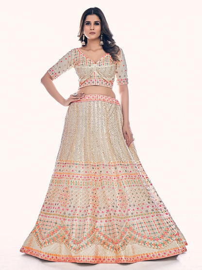 Odette Off White Embroidered Soft Net Semi Stitched Lehenga With Blouse For Women