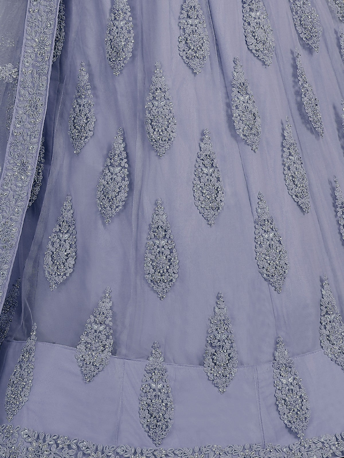 Odette Blue Embroidered Soft Net Semi Stitched Lehenga With Blouse For Women
