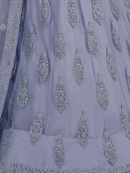 Odette Blue Embroidered Soft Net Semi Stitched Lehenga With Blouse For Women