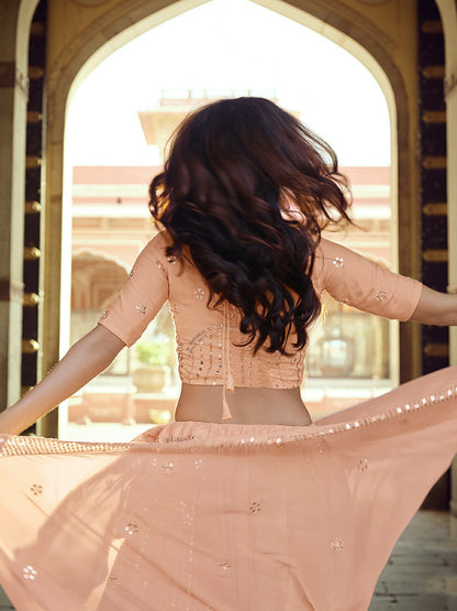 Odette Peach Embellished Georgette Semi Stitched Lehenga With Blouse For Women
