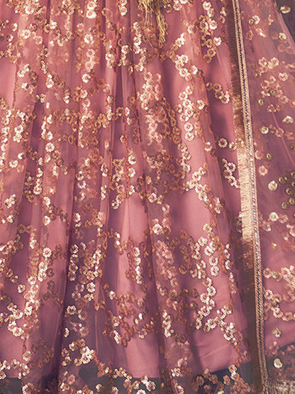 Odette Peach Embellished Soft Net Semi Stitched Lehenga With Blouse For Women