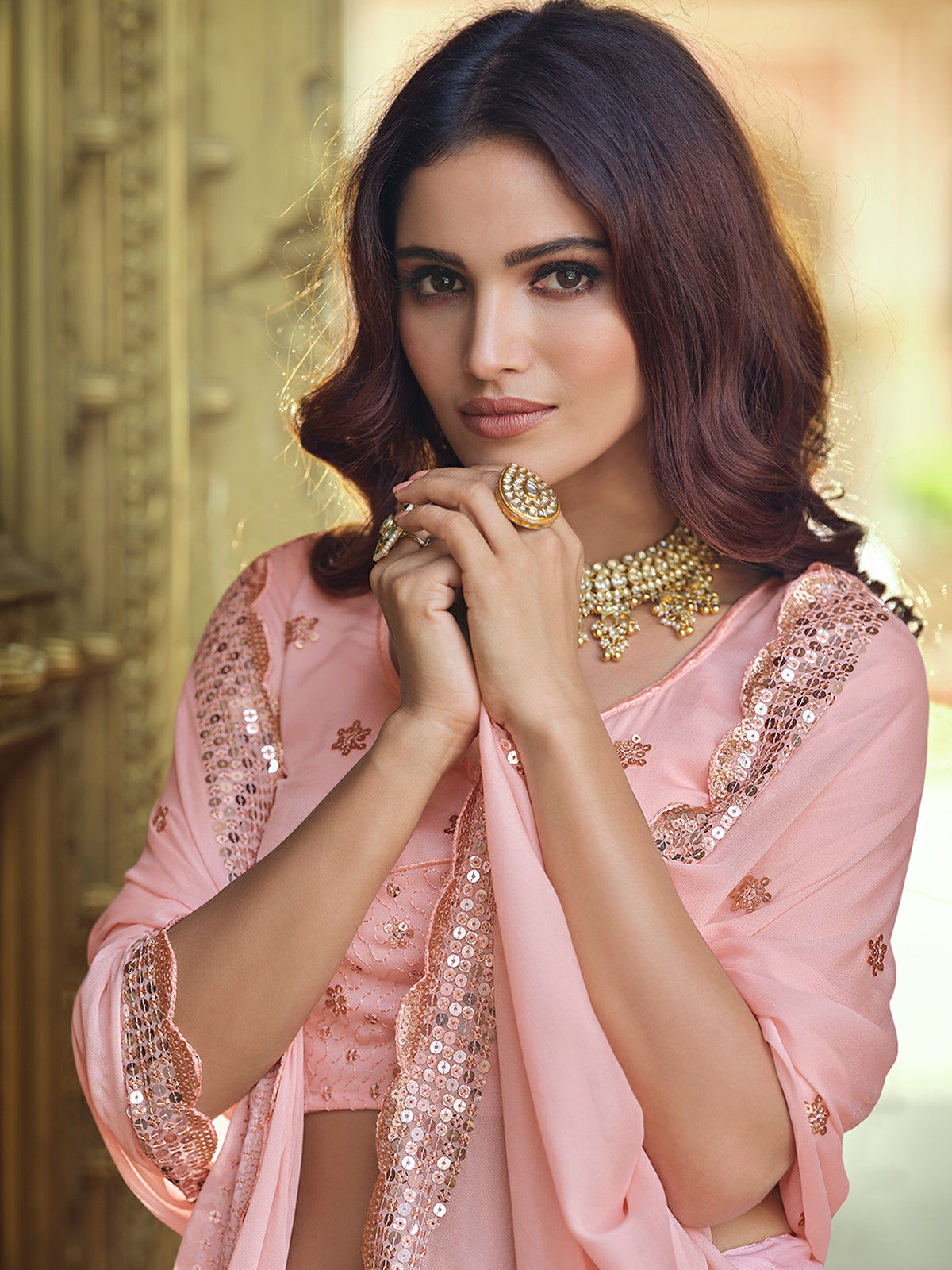 Odette Pink Embellished Georgette Semi Stitched Lehenga With Blouse For Women