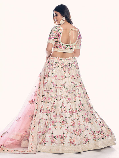 Odette Off White Embroidered Soft Net Semi Stitched Lehenga With Blouse For Women