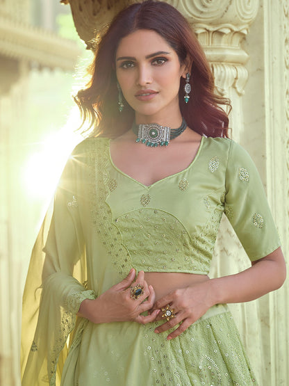 Odette Olive Embellished Georgette Semi Stitched Lehenga With Blouse For Women