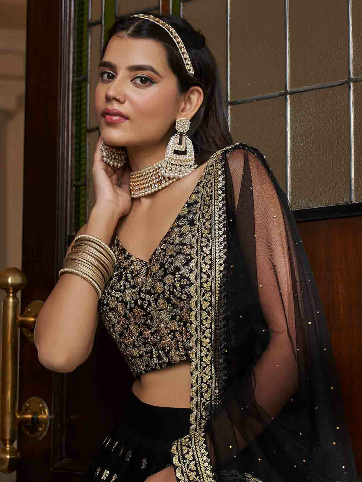 Odette Black Embroidered Soft Net Semi Stitched Lehenga With Blouse For Women