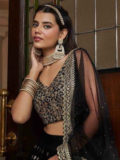 Odette Black Embroidered Soft Net Semi Stitched Lehenga With Blouse For Women