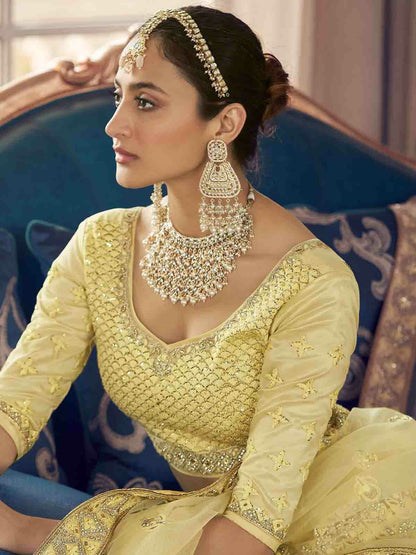 Odette Yellow Embroidered Crepe Semi Stitched Lehenga With Blouse For Women