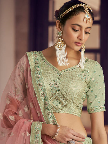 Odette Olive Embroidered Crepe Semi Stitched Lehenga With Blouse For Women