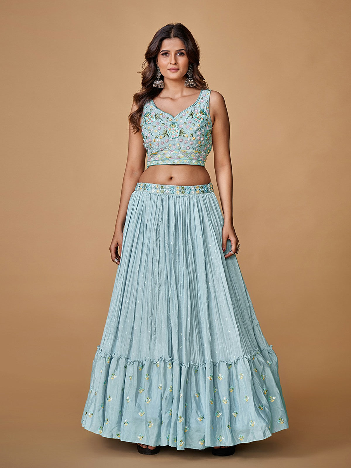 Odette Blue Embroidered Chiffon Stitched Lehenga With Blouse For Women