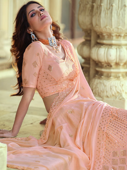 Odette Peach Embellished Georgette Semi Stitched Lehenga With Blouse For Women