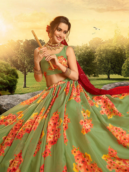 Odette Women Beautiful Green Semi Stitched Lehenga With Unstitched Blouse