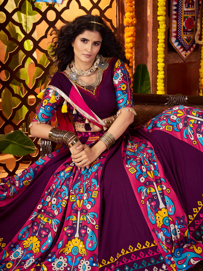 Odette Purple Viscose Cotton Printed Semi-Stitched Lehenga For Women