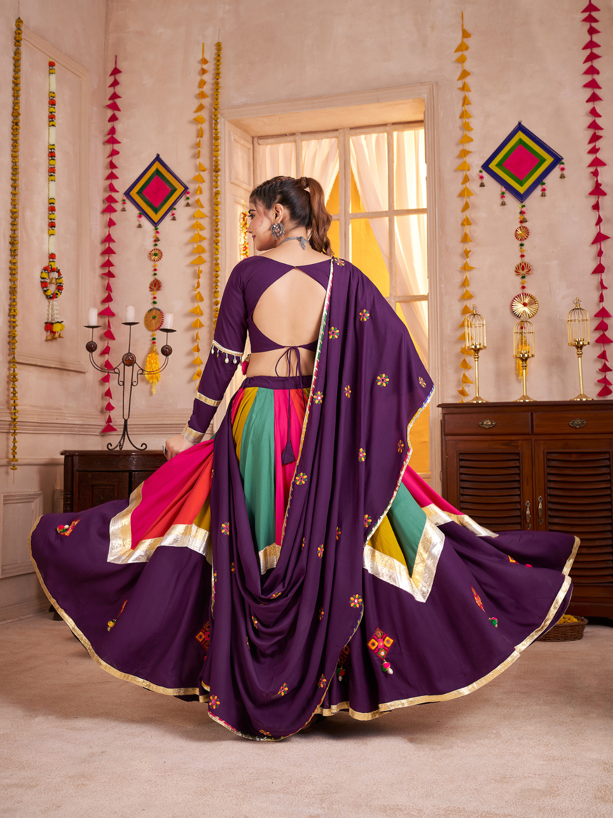 Odette Multicolor Viscose Cotton Embroidered Semi-Stitched Lehenga Choli For Women