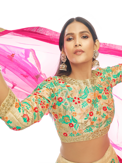 Odette Women Beige Embroidered Semi Stitched Lehenga With Unstitched Blouse