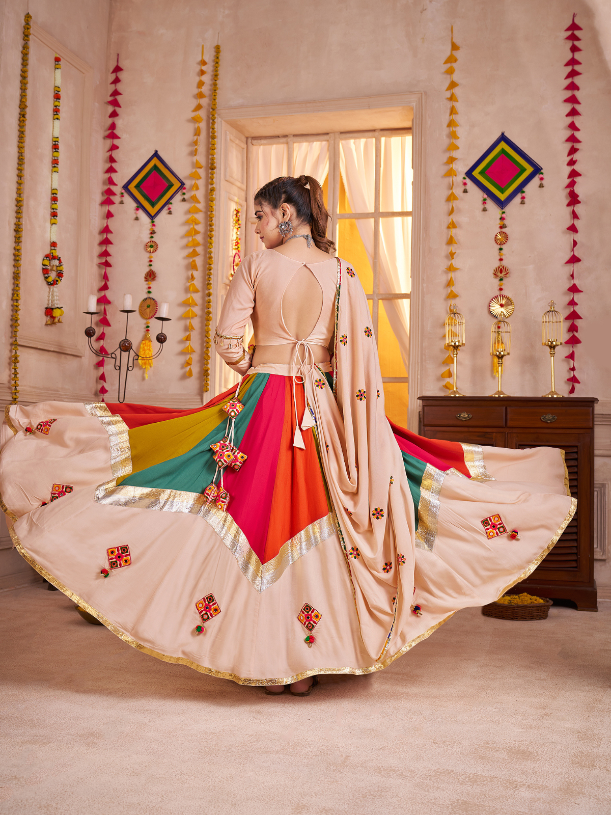 Odette Multicolor Viscose Cotton Embroidered Semi-Stitched Lehenga Choli For Women
