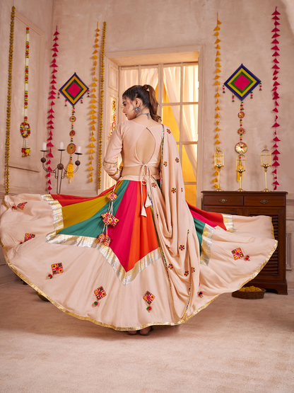 Odette Multicolor Viscose Cotton Embroidered Semi-Stitched Lehenga Choli For Women