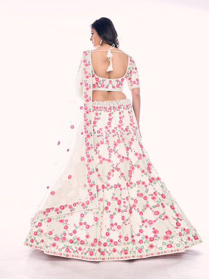 Odette White Embroidered Soft Net Semi Stitched Lehenga With Blouse For Women