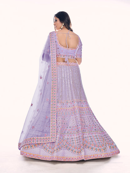 Odette Lavender Embroidered Soft Net Semi Stitched Lehenga With Blouse For Women