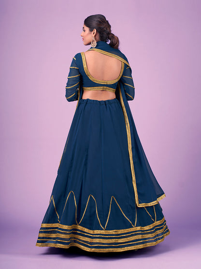Odette Navy Blue Embellished Georgette Semi Stitched Lehenga With Blouse For Women
