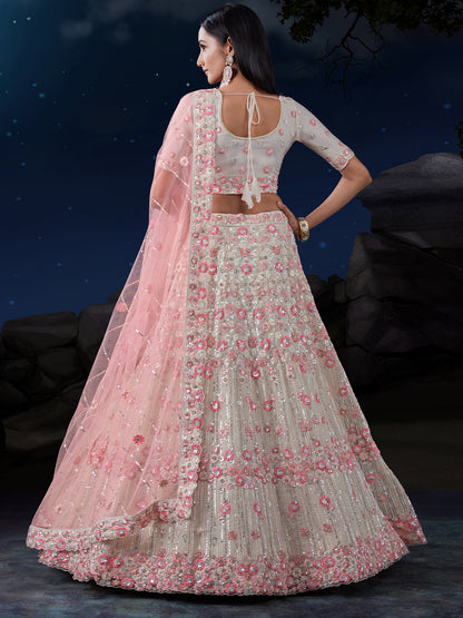 Odette Off White Embroidered Soft Net Semi Stitched Lehenga With Blouse For Women