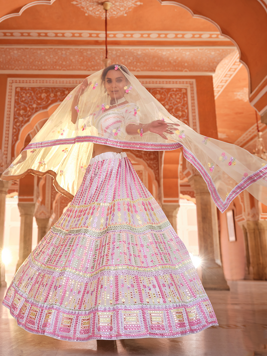 Odette Women White Embroidered Organza Semi Stitched Lehenga With Unstitched Blouse