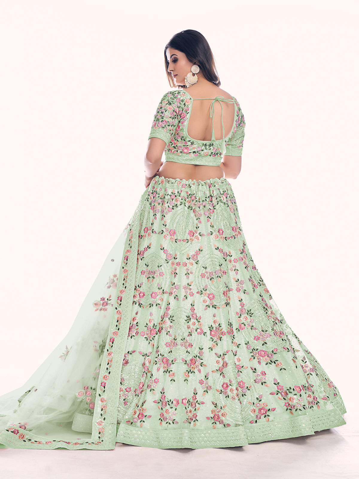 Odette Olive Embroidered Soft Net Semi Stitched Lehenga With Blouse For Women