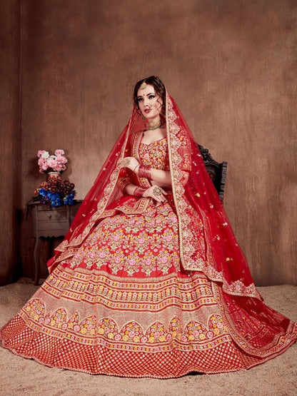 Odette Red Art Silk Embroidered Semi-Stitched lehenga For Women